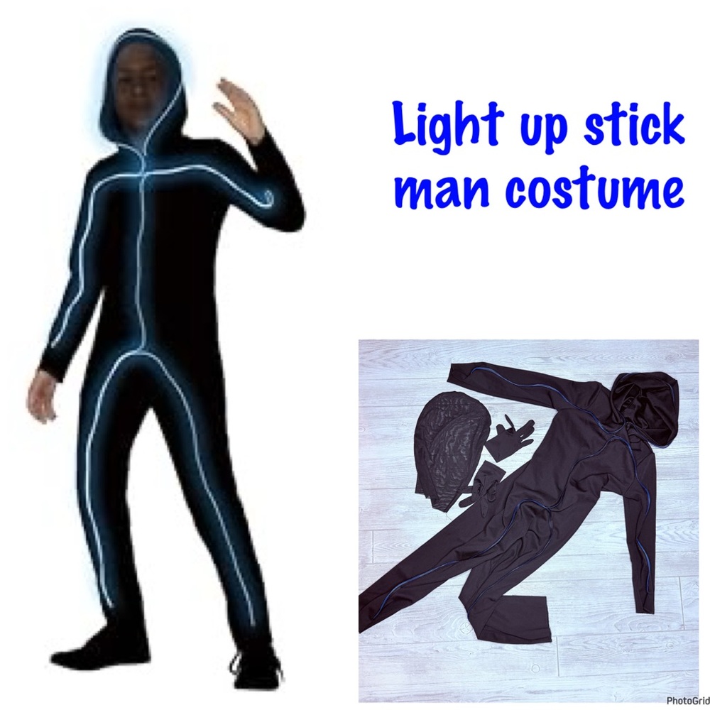 Light up stick man Halloween costume blue light 3 setting remote & accessories